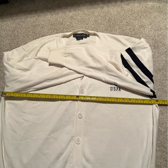 U.S. POLO ASSN White cardigan sweater 100% cotton with two navy blue stripes XXL - Picture 8 of 8